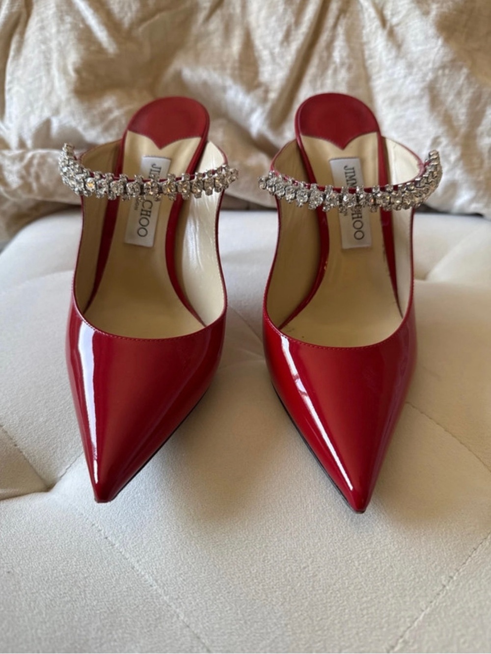 Jimmy Choo Red Patent Pointed Toe Crystal-Strap Mules